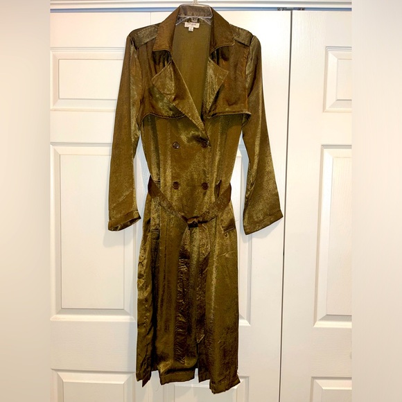 Umgee Long Shiny Green Thin Dressy Trench Coat - Picture 1 of 10